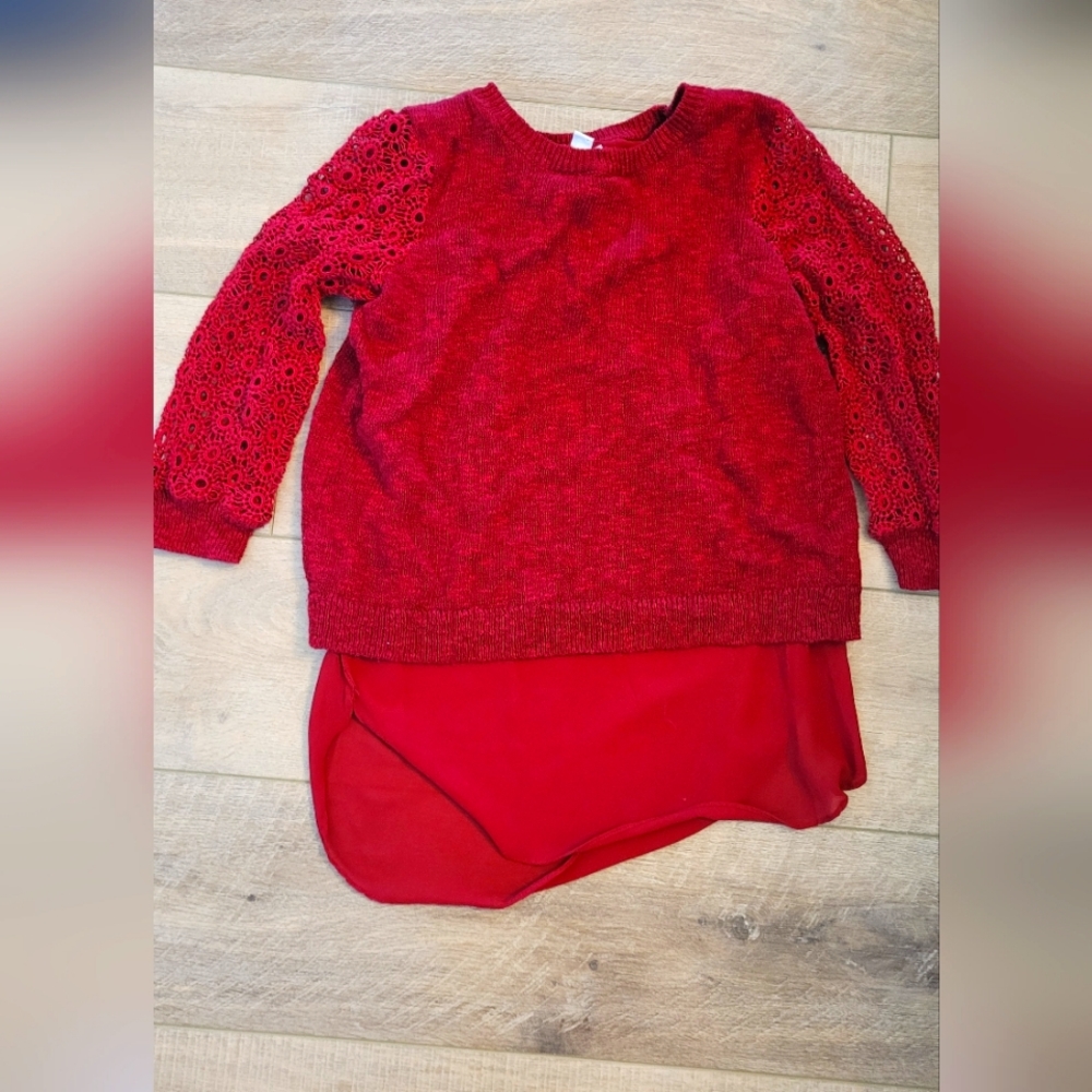 Lucky Brand Women's Red Linen Blend Lined Lace Sleeve Sweater